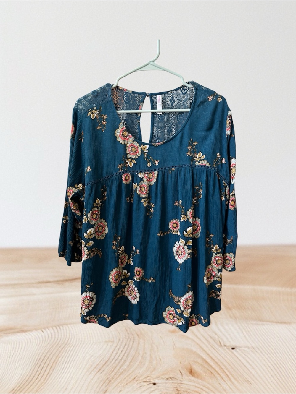 Xhilaration Teal Floral Lace-Yoke Peasant Blouse